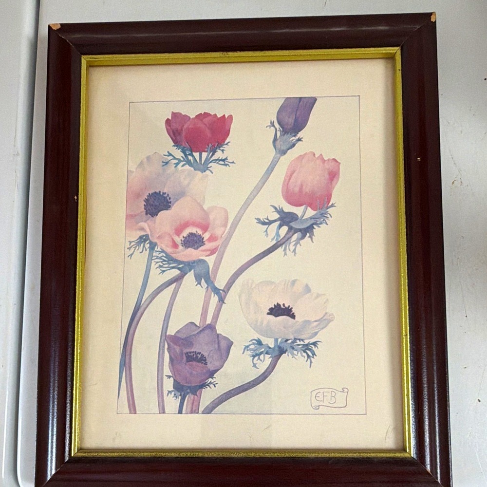Signed EFB Framed Floral Flowers Print on Paper Portrait Botanical Wall Art